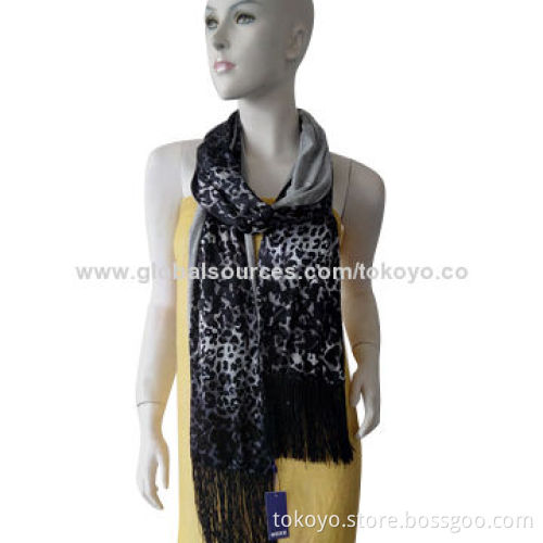 Cotton scarf with double-layer, screen printing and dyeing, measures 180*70+12cm long tassels